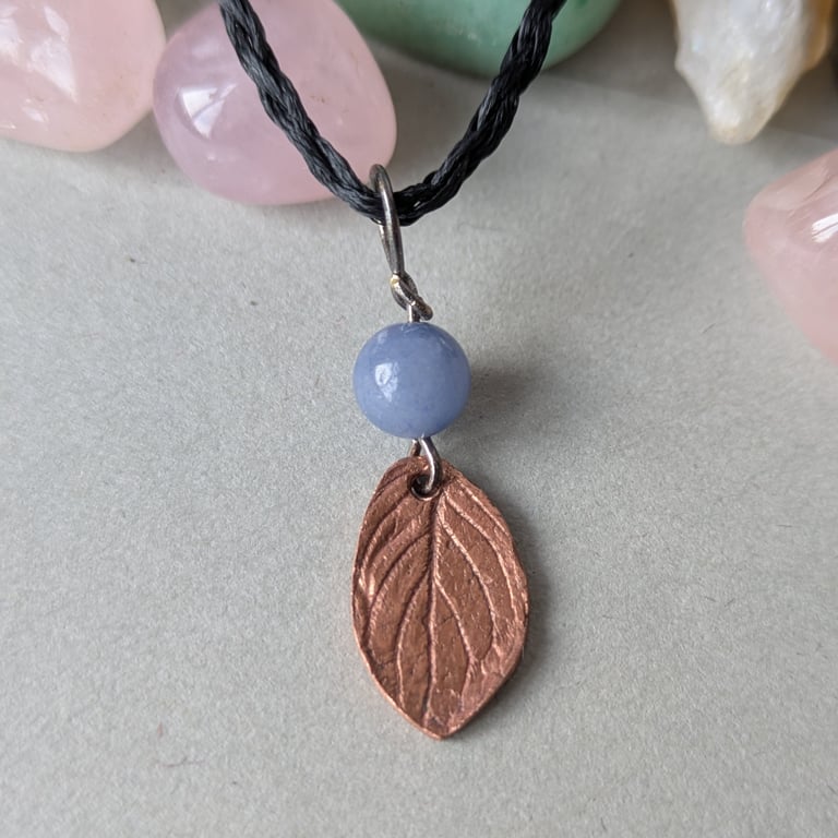Copper leaf pendant with blue aventurine bead and macrame necklace