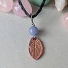Copper leaf pendant with blue aventurine bead and macrame necklace