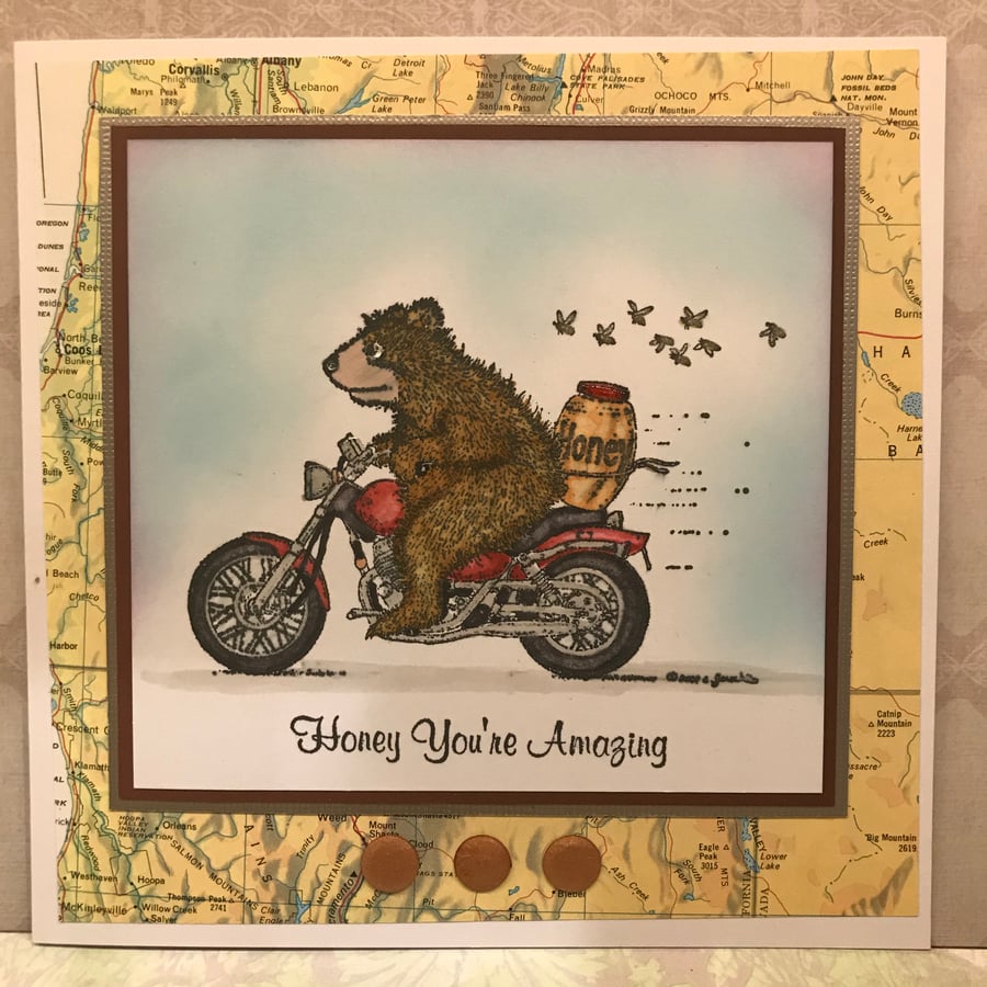 Anniversary, Valentine, Birthday Card. Bear on a Motorbike