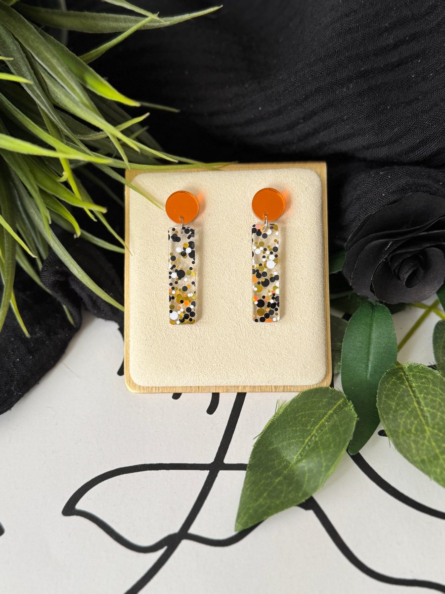 Elongated Burnt Orange and Warm Spice Mixed Confetti Glitter Earrings