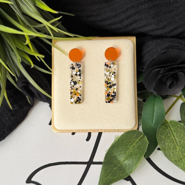 Elongated Burnt Orange and Warm Spice Mixed Confetti Glitter Earrings