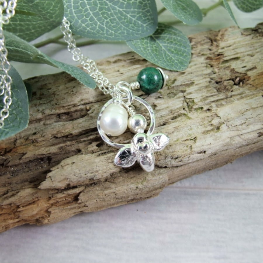 Sterling Silver Bee Charm Necklace with Pearl and Chrysocolla