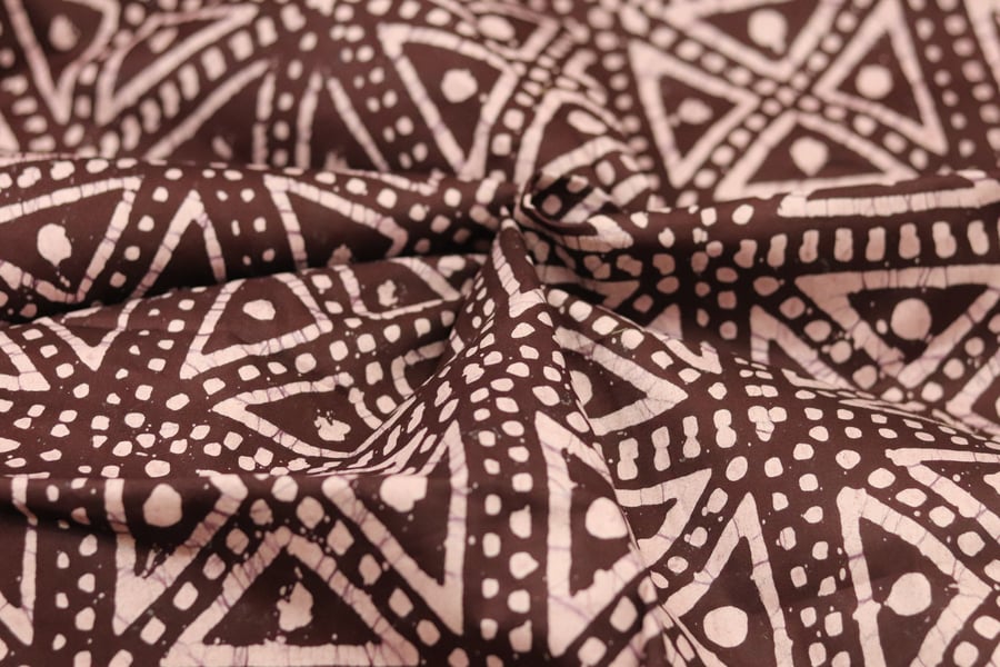 Brown hand printed African adire batik geometric print fabric sold by the yard