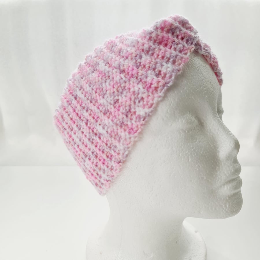 Pink & White Ear Warmer, Twisted Crochet Headband