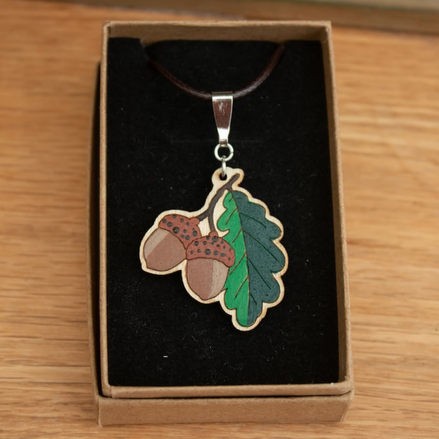Wooden Acorn Necklace - Hand Painted & Folksy