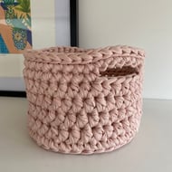 Crochet basket made with upcycled tshirt yarn - blush pink