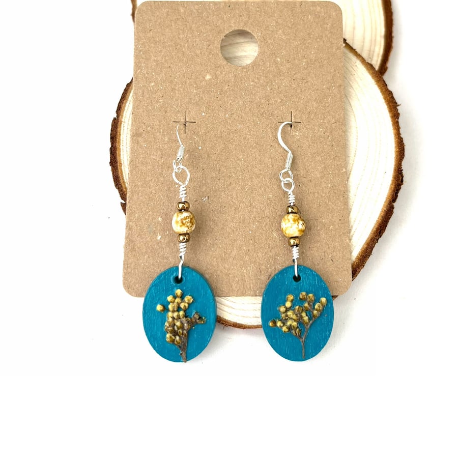 Real Pressed Meadowsweet Dangle Sliver Plated Wood and Bead Earrings