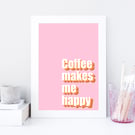 Coffee Makes Me Happy Kitchen Wall Art Print, Fun Kitchen Decor, Coffee Lover.