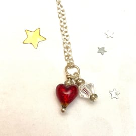 Red Heart Silver Necklace Tiny Venetian Glass Crystal Sterling Silver Pendant