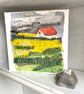 The cottage  across the fields-hand embroidered textile collage, on square canva