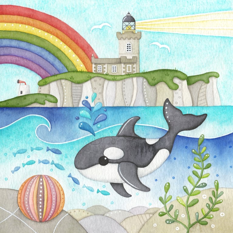 Framed Print - Orca Whale & Lighthouse Seaside Watercolour Painting -Coastal Art