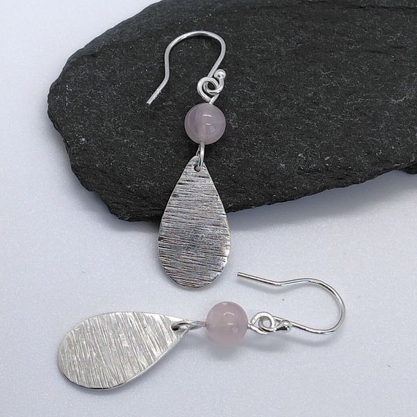sea ripples drop earrings sterling silver teardrop rose quartz gemstone