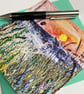 Sunrise on a misty morning across a hedgerow with the hills beyond printed card. - Image 2
