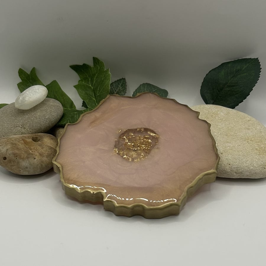 Double Sided Resin Geode Style Coaster - Pink and Gold with Gold Edging