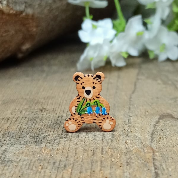 Bluebell Bear Pin, Handmade Tiny Teddy Wooden Brooch, Thank You Gift