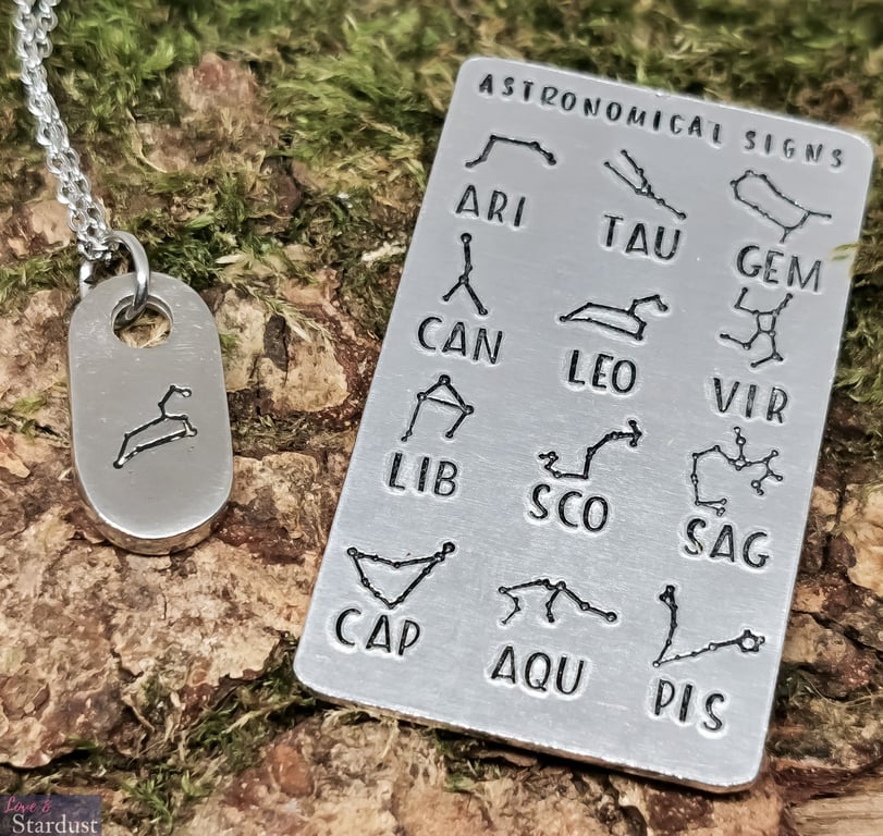 ASTRONOMICAL CONSTELLATION STARSIGN Hand Stamped Pewter Necklace