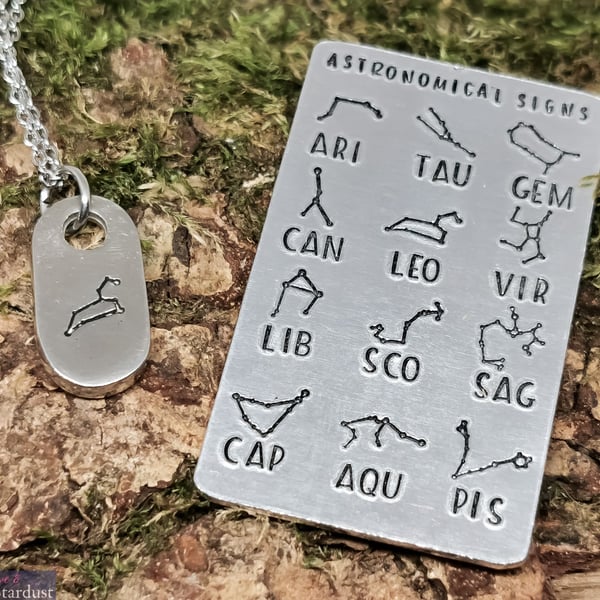 ASTRONOMICAL CONSTELLATION STARSIGN Hand Stamped Pewter Necklace