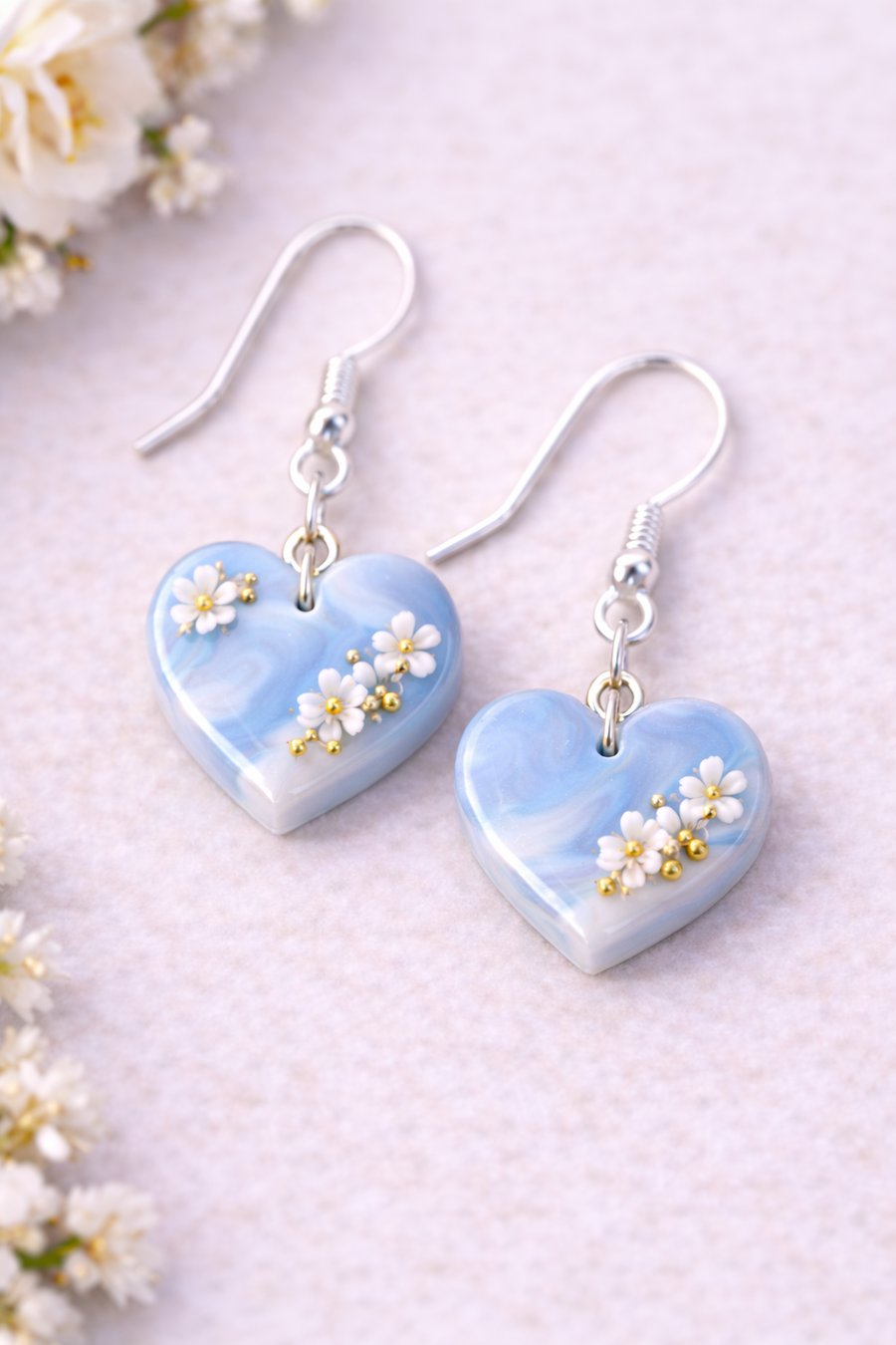 Heart Clay Dangle Earrings – Floral Resin Jewellery, Multiple Colours