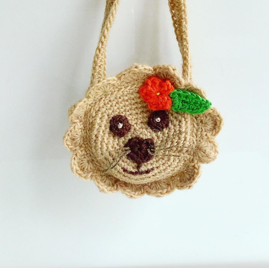 Crochet round bag, lion bag, cat shoulder bag