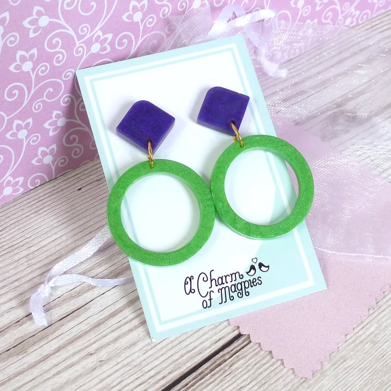 Bright green hoops and purple resin earrings, quirky colourful fun earrings