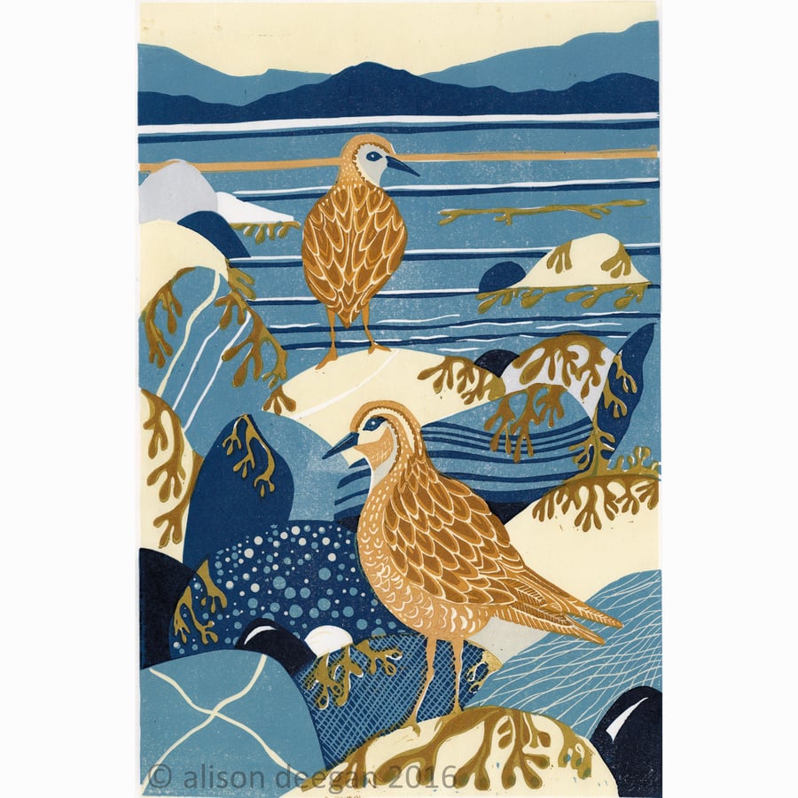 Golden Plovers - LINO PRINT BIRD SEA BEACH