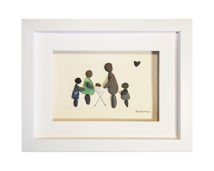 New Baby & Family - Sea Glass & Pebble Picture Framed Unique Handmade Art