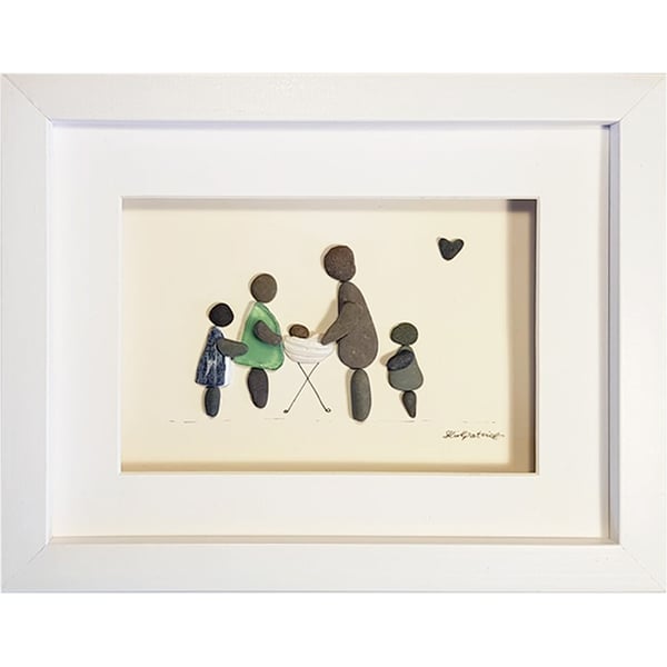 New Baby & Family - Sea Glass & Pebble Picture Framed Unique Handmade Art
