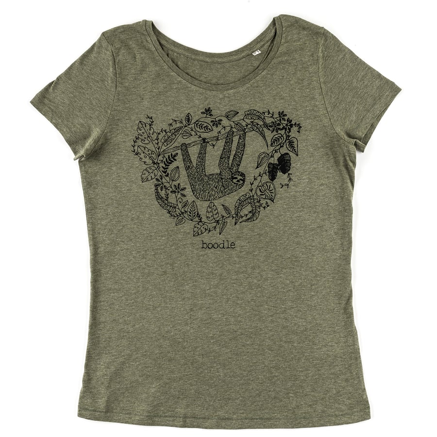 Womens organic T-shirt 'Sleepy sloth' hand screen printed with eco-friendly inks