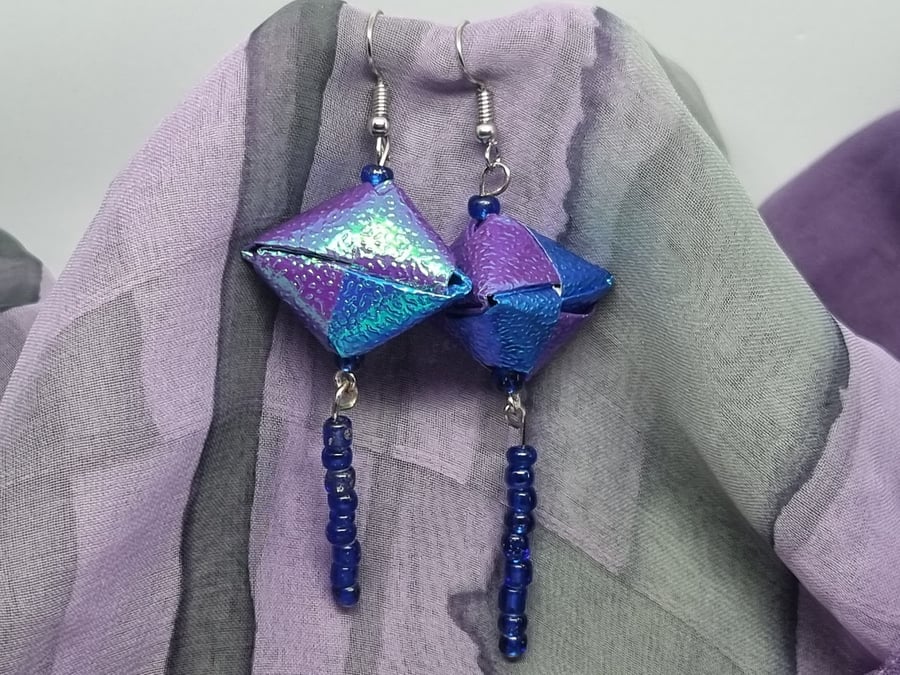 Origami earrings  blue iridescent paper and miracle beads 