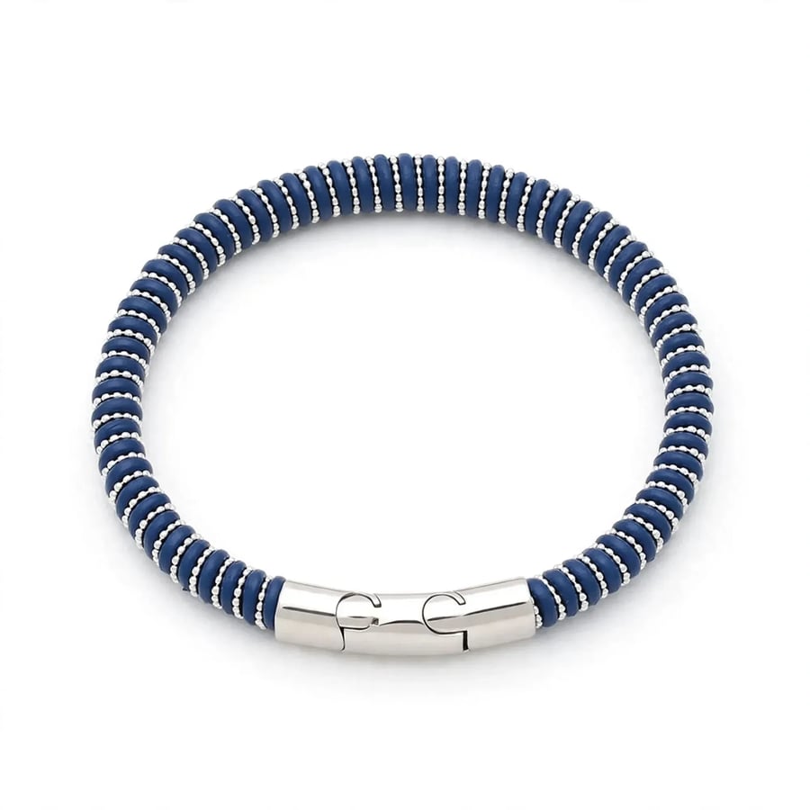 The Cobra Flex - Navy Blue Silver Bead Coil Bracelet