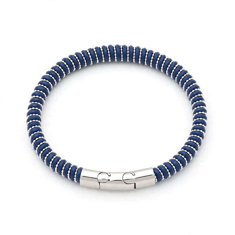 The Cobra Flex - Navy Blue Silver Bead Coil Bracelet