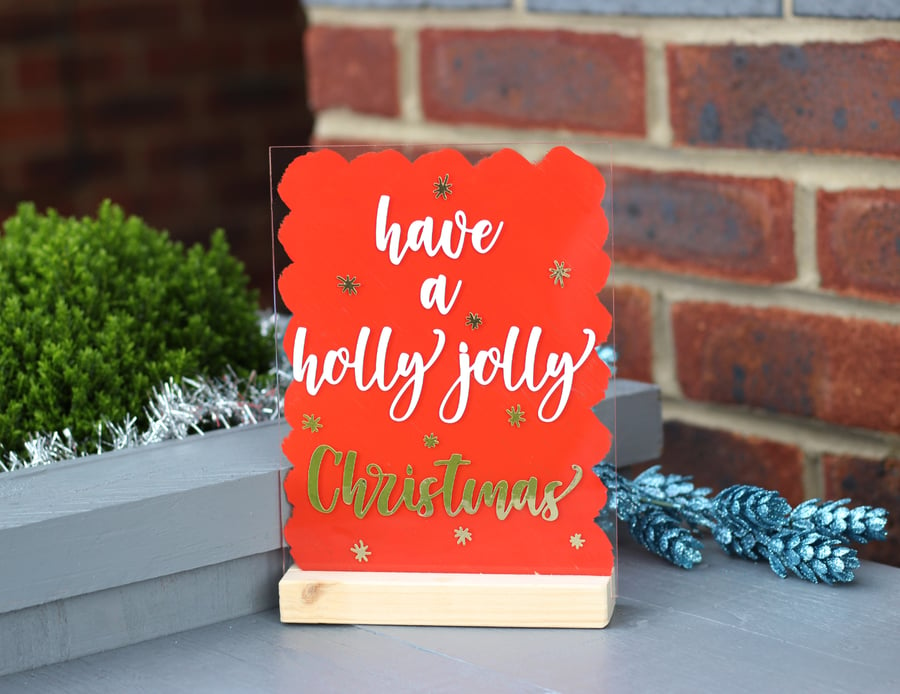 Handpainted Holly Jolly Christmas merry Xmas A5 Acrylic SIGN shop home decor