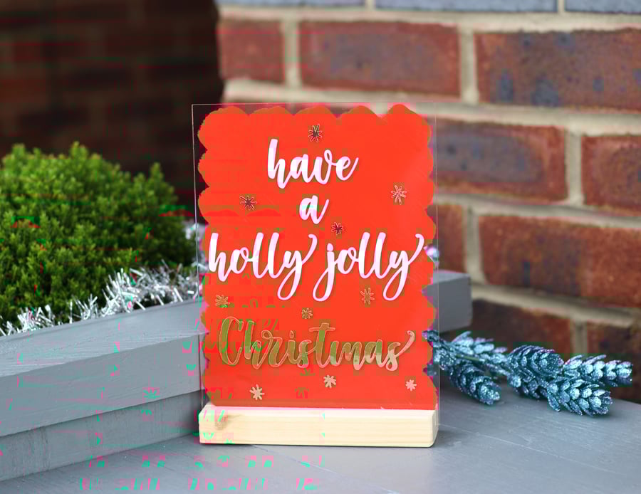 Handpainted Holly Jolly Christmas merry Xmas A5 Acrylic SIGN shop home decor