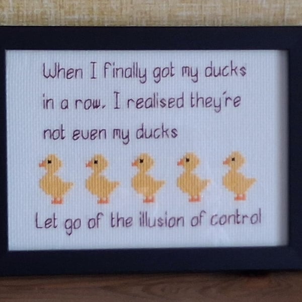 Ducks in a Row – Funny Handmade Cross Stitch Quote – Black Framed Gift 5x7
