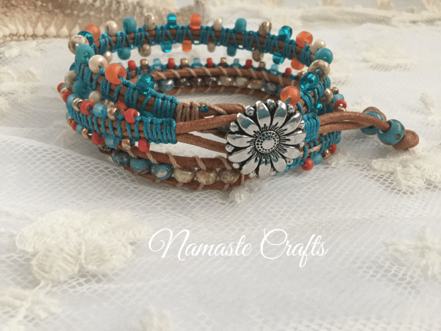 Beaded Boho Leather Wrap Bracelet, Beach, Bohemian, Yoga, leather cuff, macrame