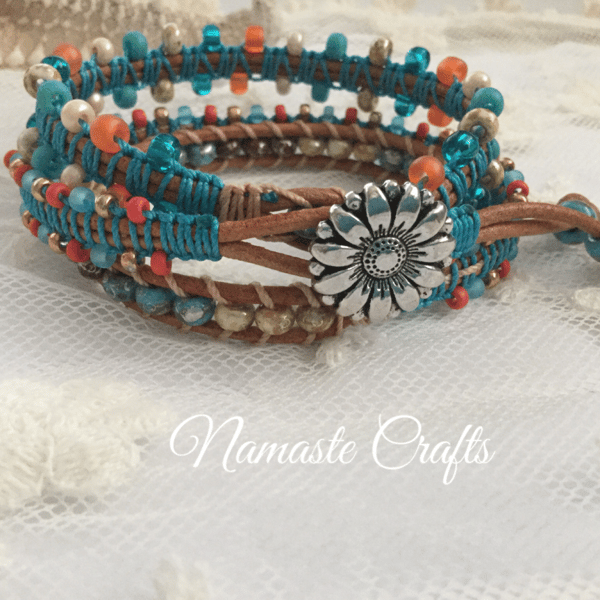 Beaded Boho Leather Wrap Bracelet, Beach, Bohemian, Yoga, leather cuff, macrame