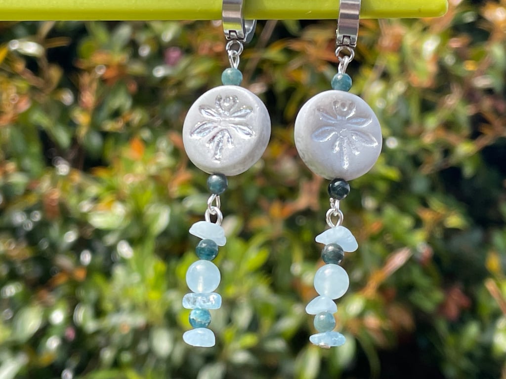 Silver dragonfly earrings Czech glass silver tone aquamarine apatite huggie