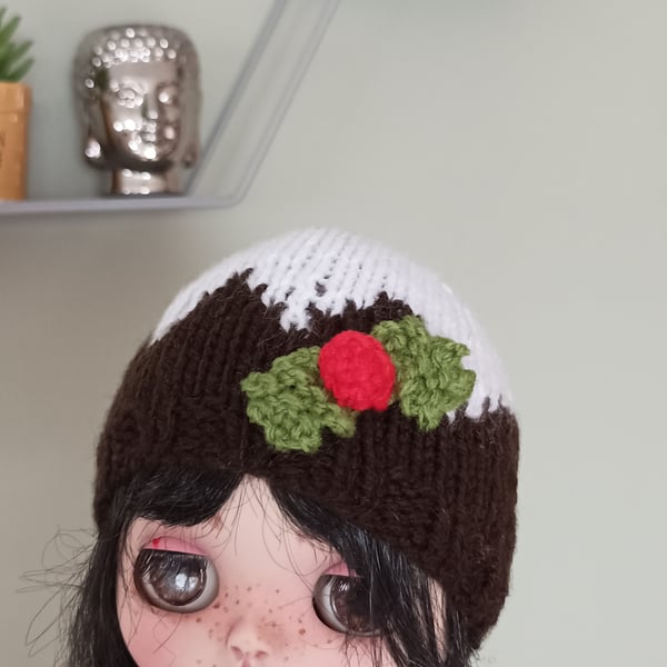 Xmas Pudding Knitted Dolls Hat
