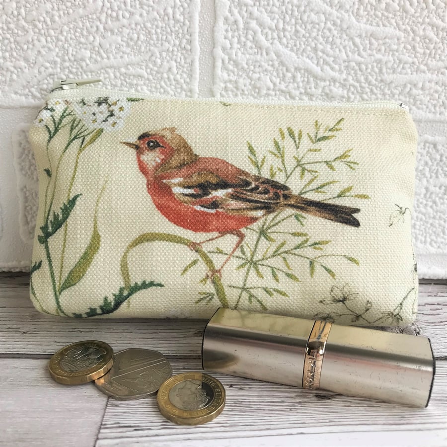 Large purse, coin purse with chaffinch and cow parsley