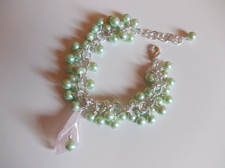 Rose quartz lily and shell pearl charm bracelet