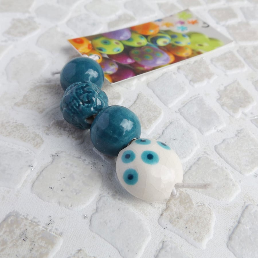 4PCS Handmade Teal Blue Ceramic Bead Set