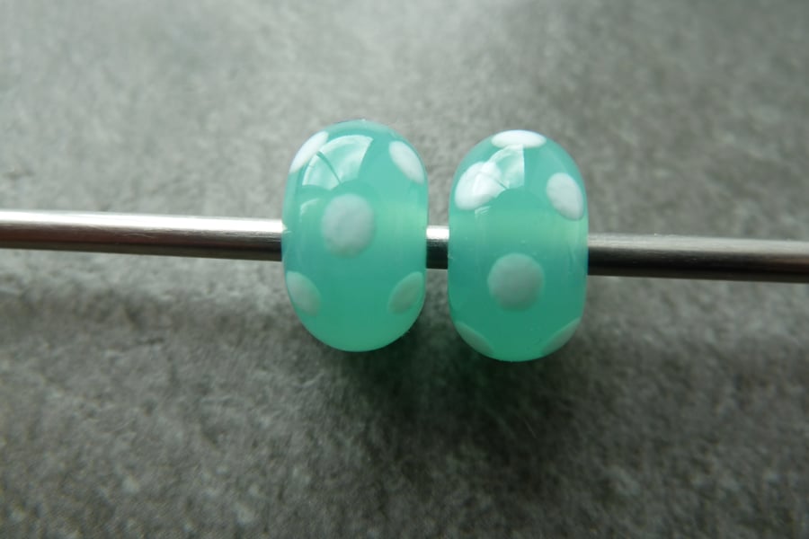 lampwork beads, green and white spots