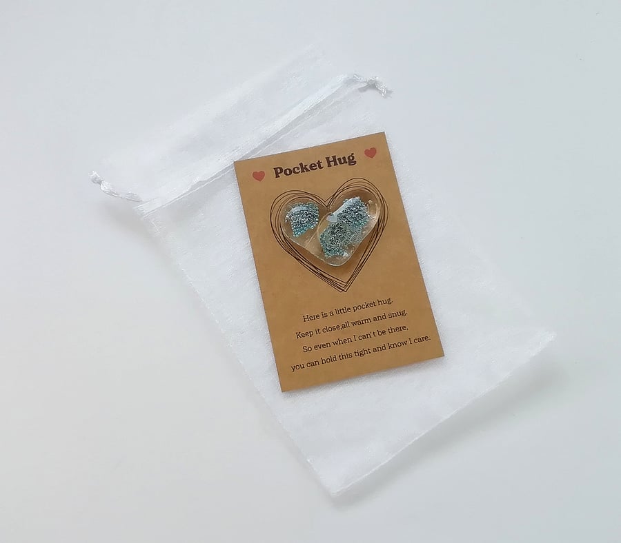 Heart pocket hug, fused glass heart, comfort token, letterbox gift, token gift. 