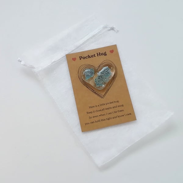 Heart pocket hug, fused glass heart, comfort token, letterbox gift, token gift. 