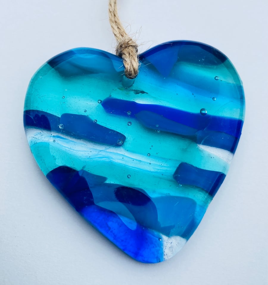 Aqua and blue fused glass hanging heart