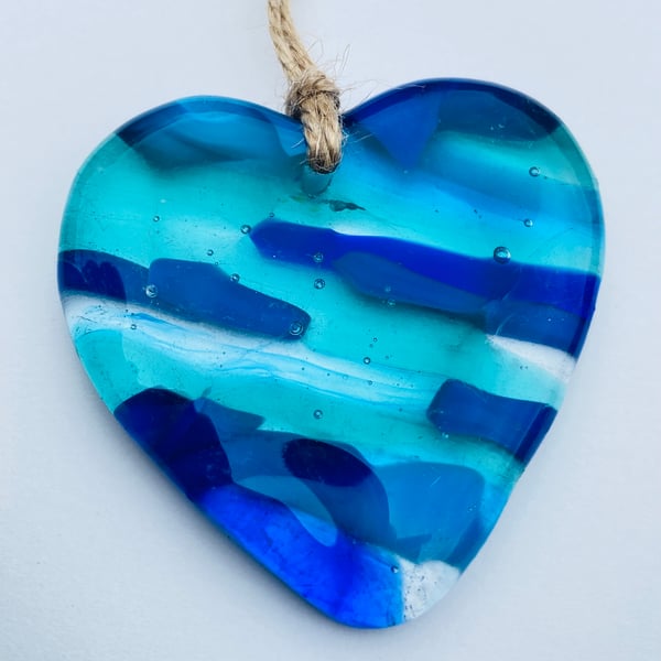 Aqua and blue fused glass hanging heart