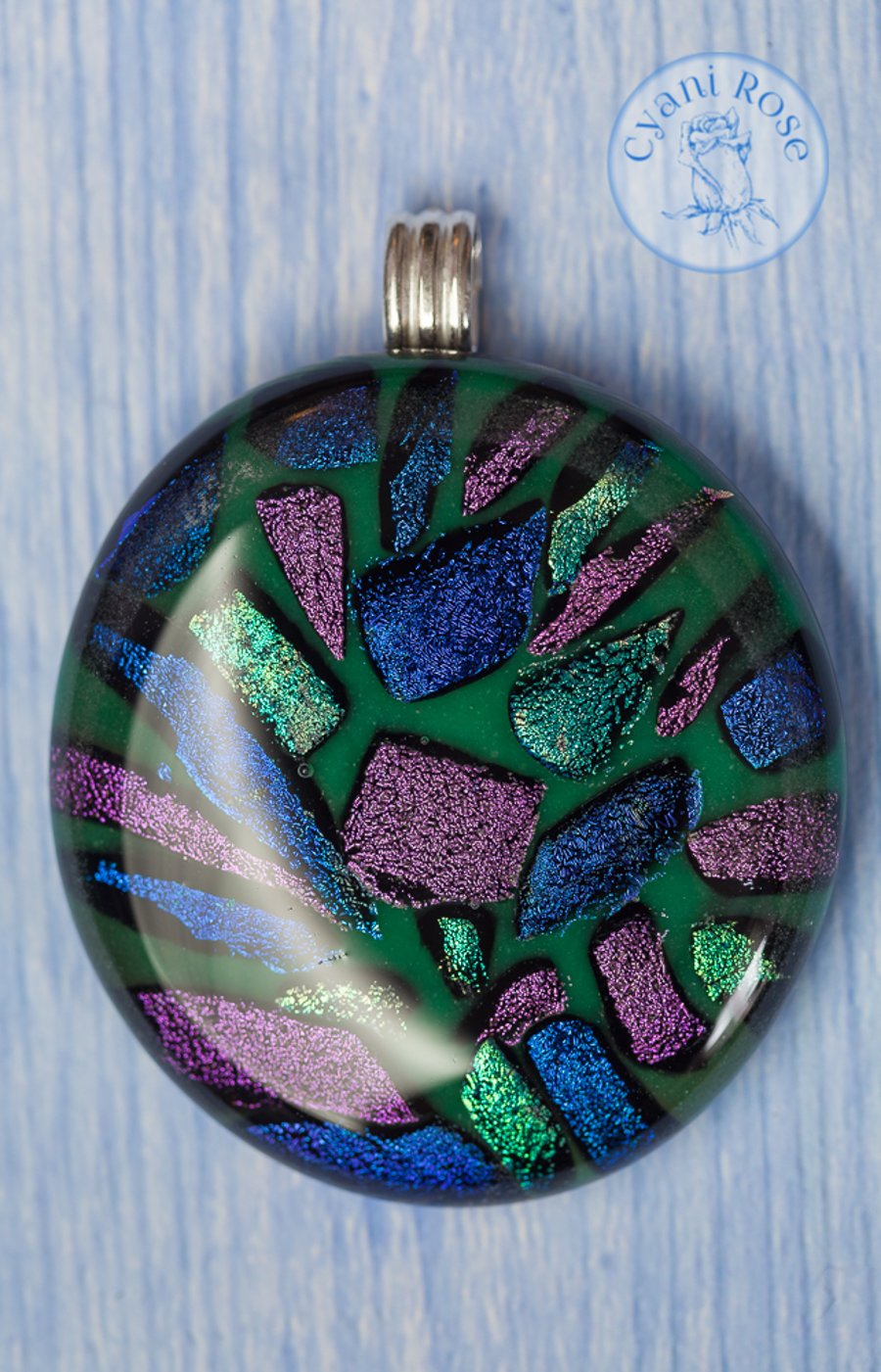 Beautiful fused grass dichroic round pendant green pink blue  sparkly