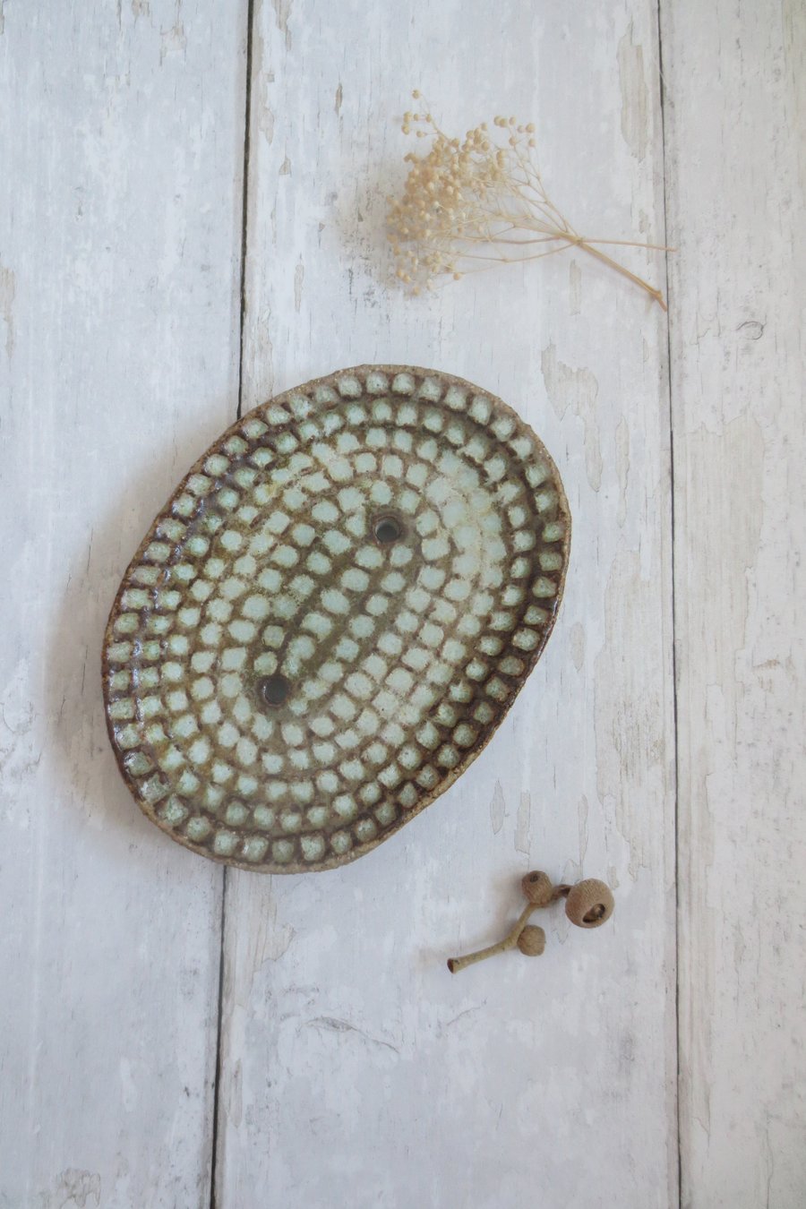 SOAP DISH hand-built carved stoneware pottery in sea green