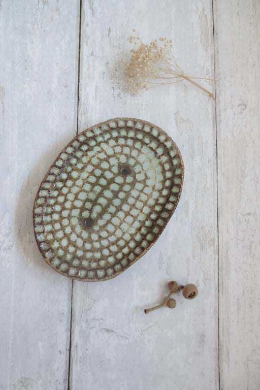 SOAP DISH hand-built carved stoneware pottery in sea green