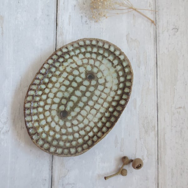 SOAP DISH hand-built carved stoneware pottery in sea green